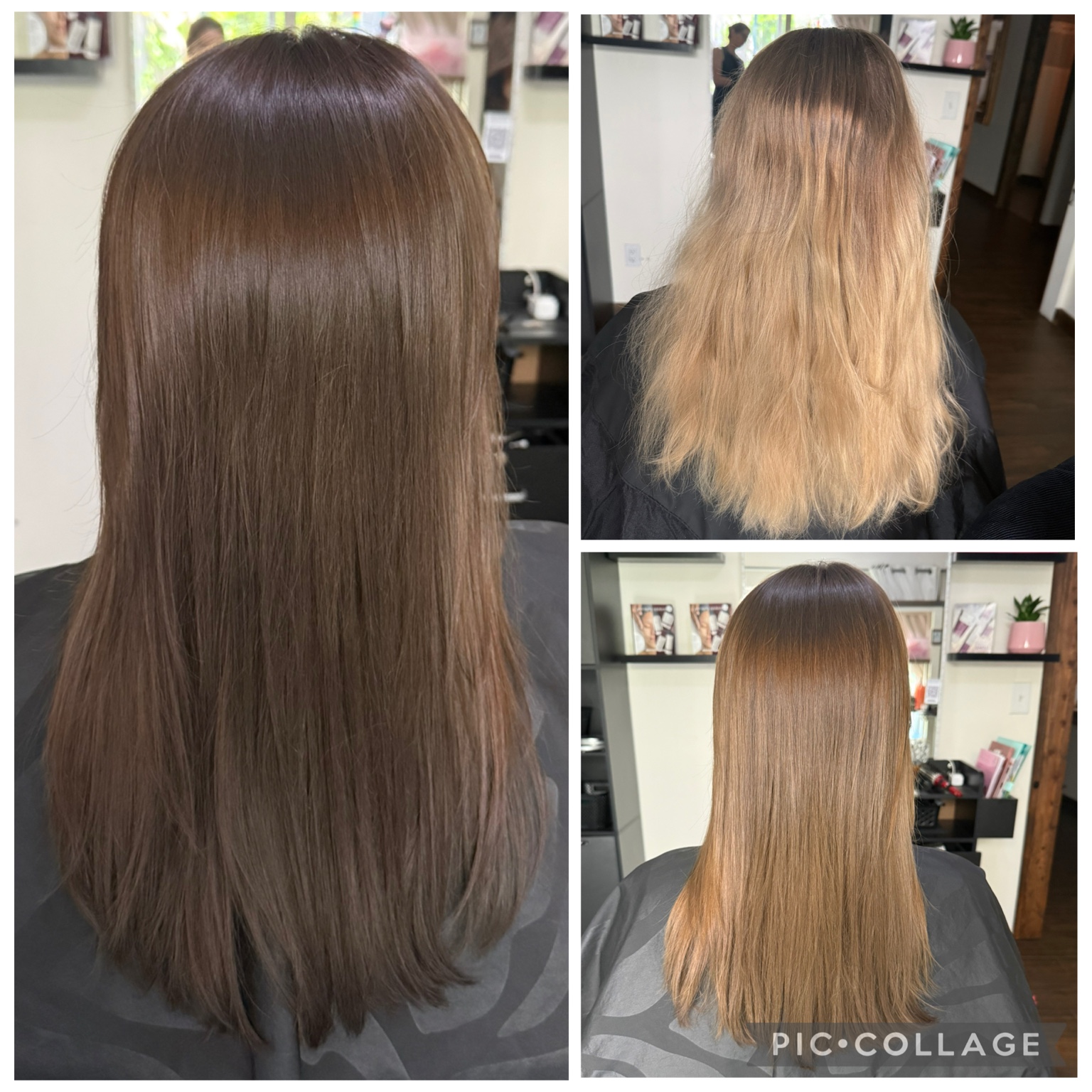 Before-and-after collage showing a blonde-to-brunette hair color transformation by Hayley