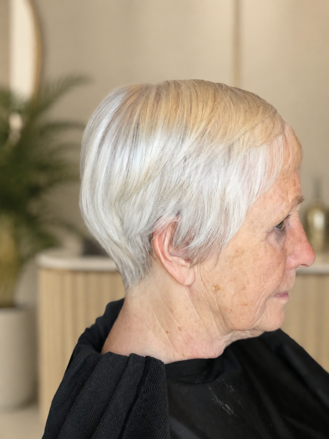 Finished platinum pixie haircut by Hayley